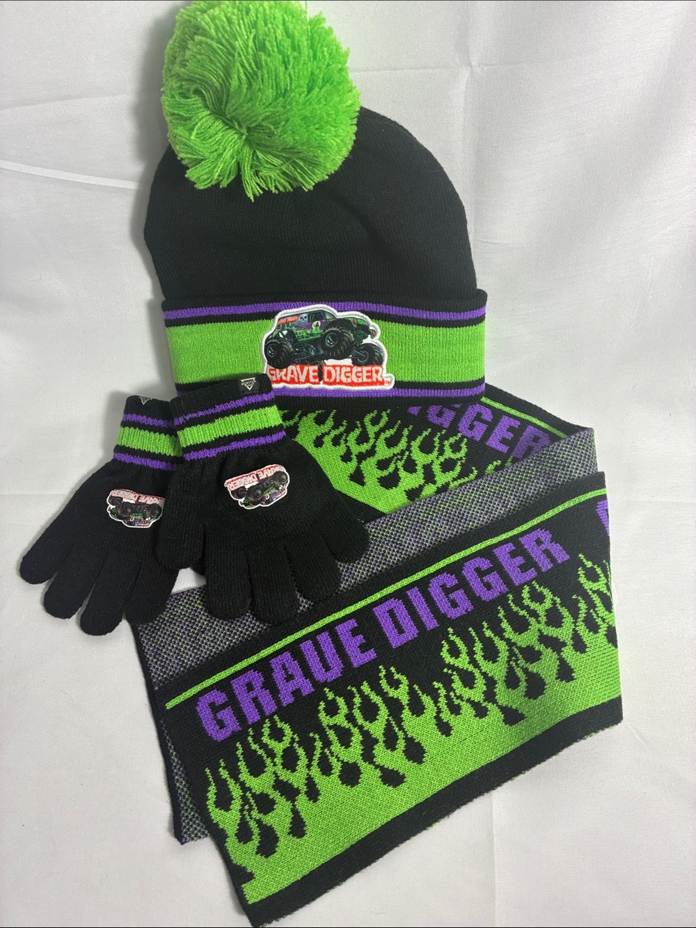 Grave Digger Kids Matching Beanie, Scarf & Gloves Set - Black/Green/Purple